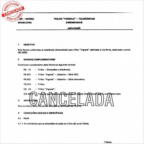 Trilho "Vignole" - Tolerâncias dimensionais