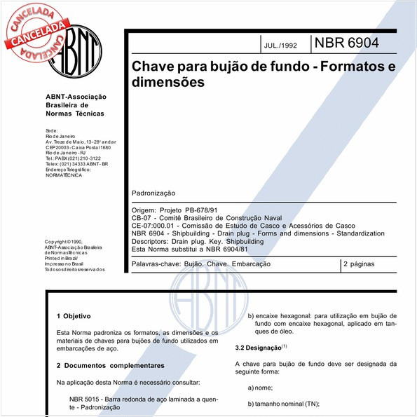 Chave para bujão de fundo - Formatos e dimensões