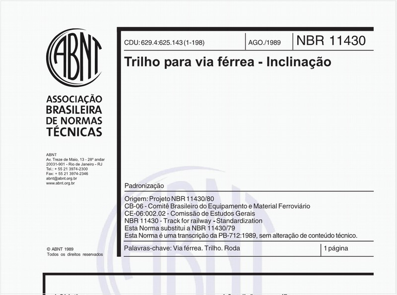 Trilho para via férrea - Inclinação - Padronização