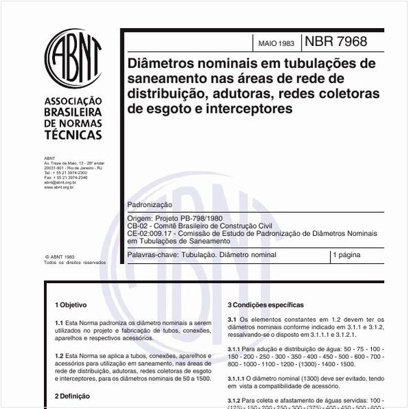 Diâmetros nominais em tubulações de saneamento nas áreas de rede de distribuição, adutoras, redes coletoras de esgoto e interceptores - Padronização