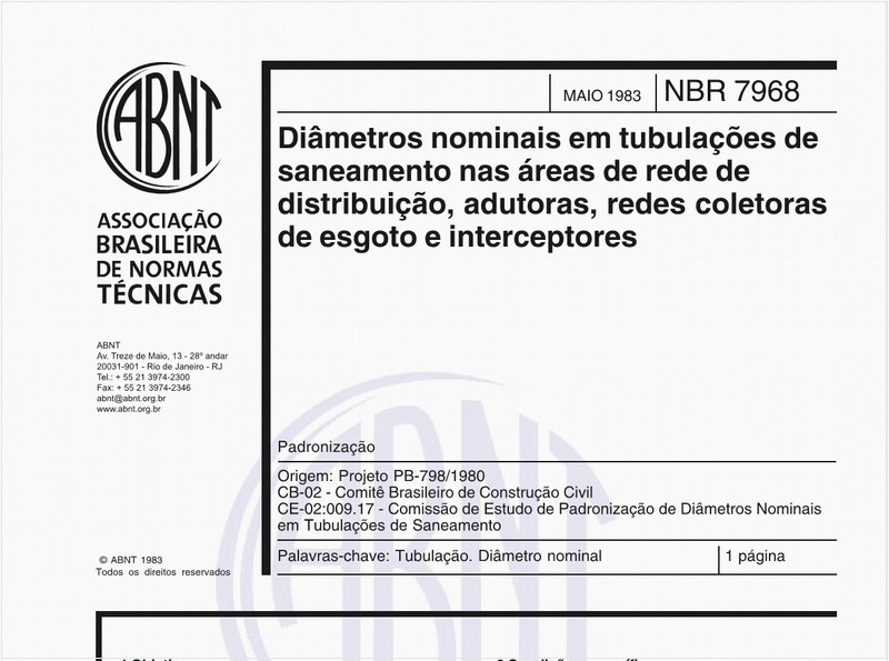 Diâmetros nominais em tubulações de saneamento nas áreas de rede de distribuição, adutoras, redes coletoras de esgoto e interceptores - Padronização
