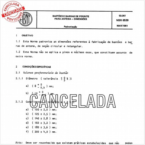 Bastões e barras de ferrite para antena - Dimensões