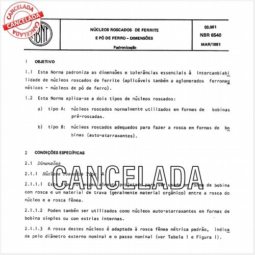 Núcleos roscados de ferrite e pó de ferro - Dimensões