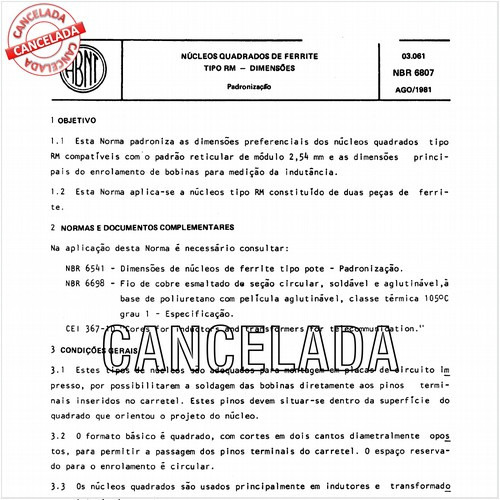 Núcleos quadrados de ferrite tipo RM - Dimensões