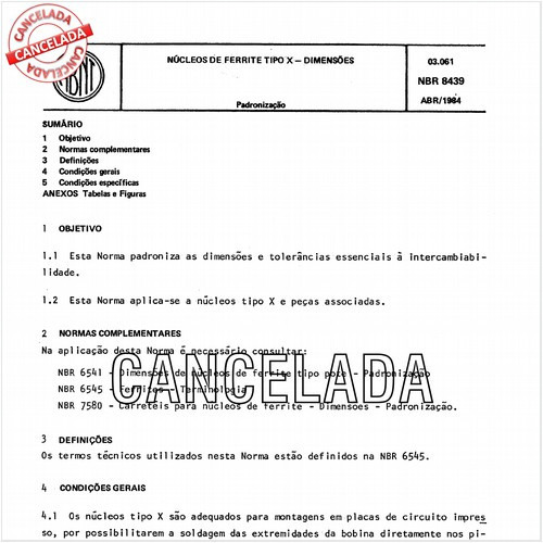 Núcleos de ferrite tipo X - Dimensões