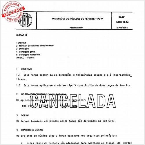 Dimensões de núcleos de ferrite tipo V