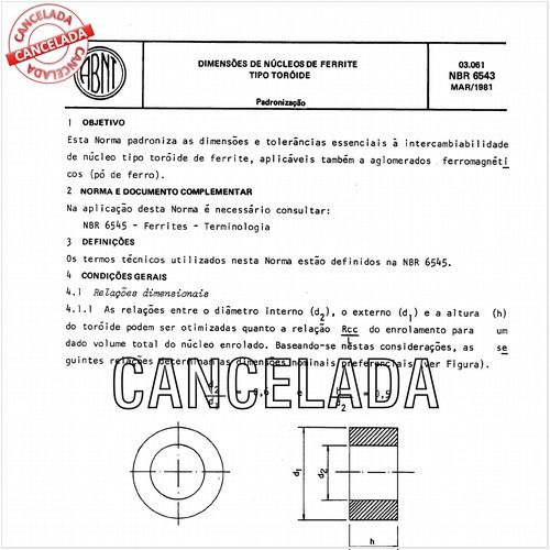 Dimensões de núcleos de ferrite tipo toróide