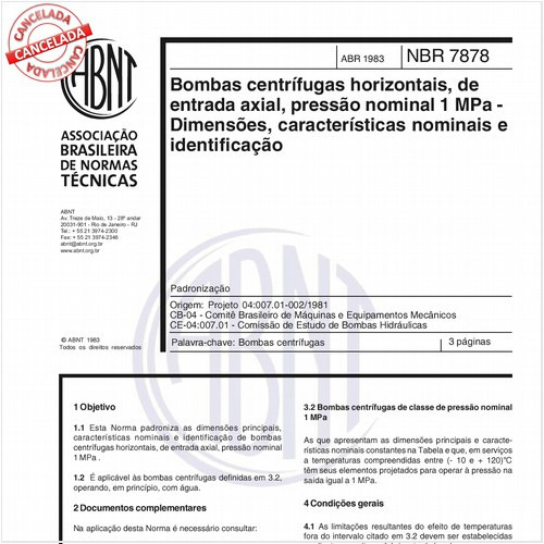 Bombas centrífugas horizontais, de entrada axial, pressão nominal 1 MPa - Dimensões, características nominais e identificação