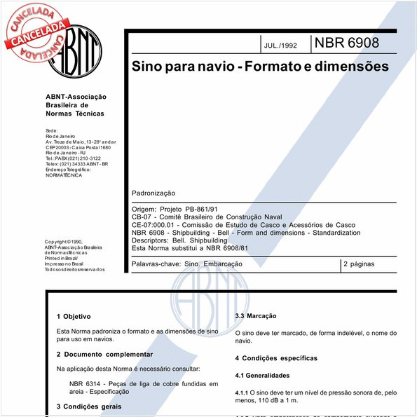 Sino para navio - Formato e dimensões