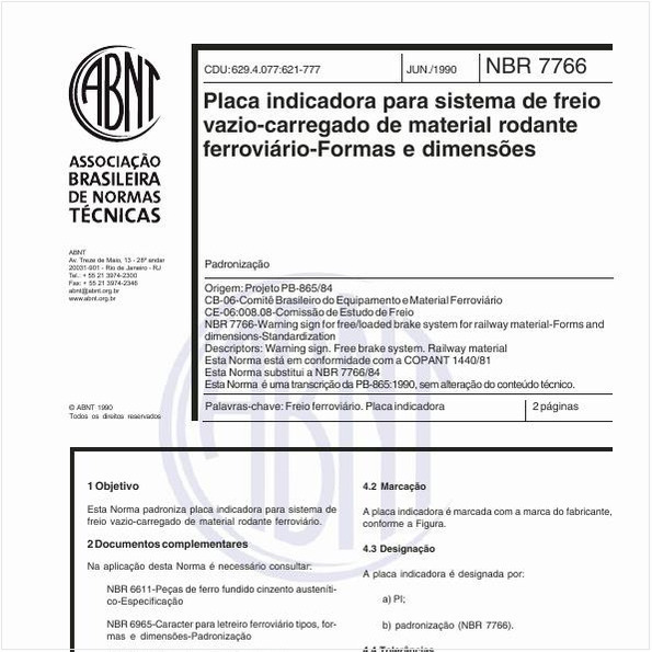 Placa indicadora para sistema de freio vazio-carregado de material rodante ferroviário - Formas e dimensões