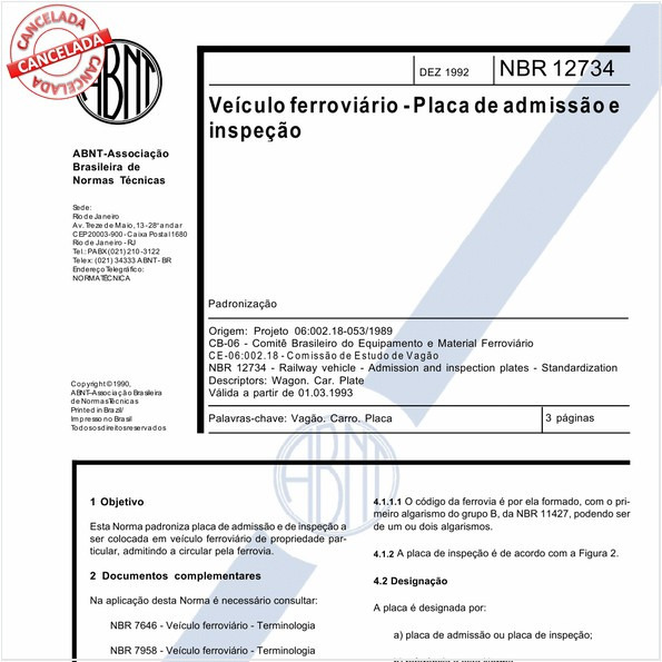 Veículo ferroviário - Placa de admissão e inspeção