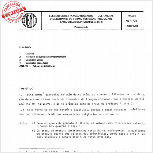 Elementos de fixação roscados - Tolerâncias dimensionais, de forma, posição e rugosidade para graus de produtos A, B e C