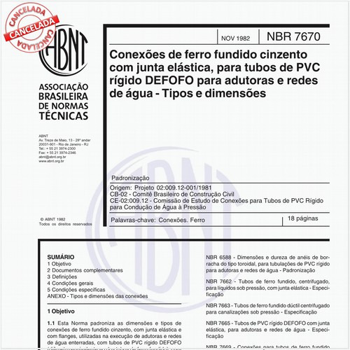 Conexões de ferro fundido cinzento com junta elástica, para tubos de PVC rígido DEFOFO para adutoras e redes de água - Tipos e dimensões