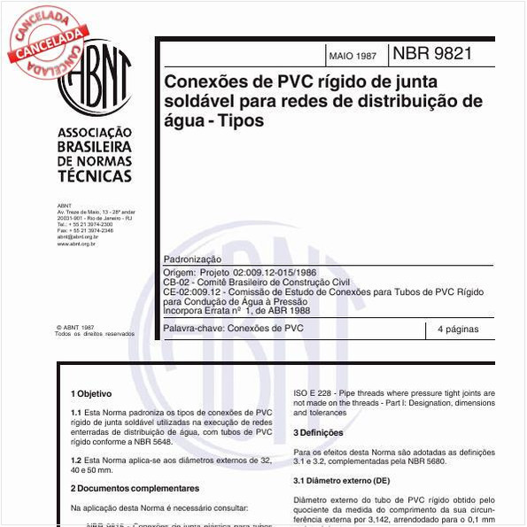 Conexões de PVC rígido de junta soldável para redes de distribuição de água - Tipos - Padronização