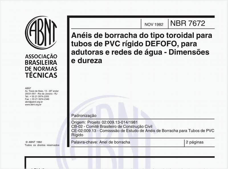 Anéis de borracha do tipo toroidal para tubos de PVC rígido DEFOFO, para adutoras e redes de água - Dimensões e dureza