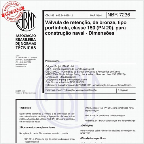 Válvula de retenção, de bronze, tipo portinhola, classe 150 (PN 20), para construção naval - Dimensões
