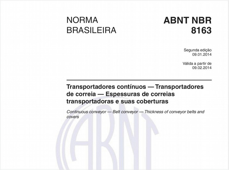 Transportadores contínuos — Transportadores de correia — Espessuras de correias transportadoras e suas coberturas