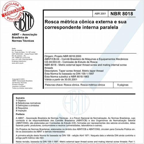 Rosca métrica cônica externa e sua correspondente interna paralela