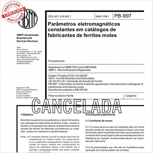 Parâmetros eletromagnéticos constantes em catálogos de fabricantes de ferrites moles