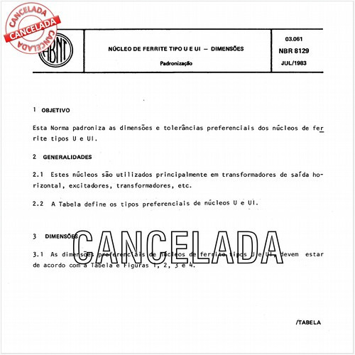 Núcleo de ferrite tipo U e UI - Dimensões