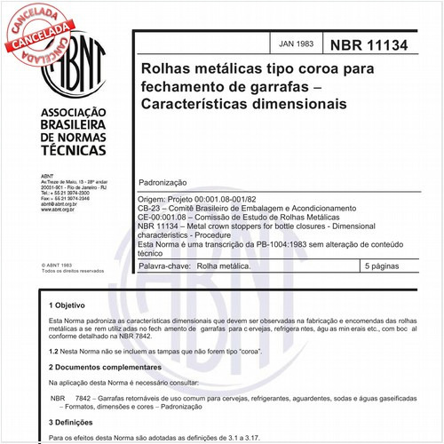 Rolhas metálicas tipo coroa para fechamento de garrafas - Características dimensionais