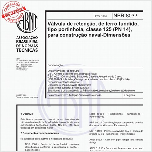 Válvula de retenção, de ferro fundido, tipo portinhola, classe 125 (PN 14), para construção naval - Dimensões