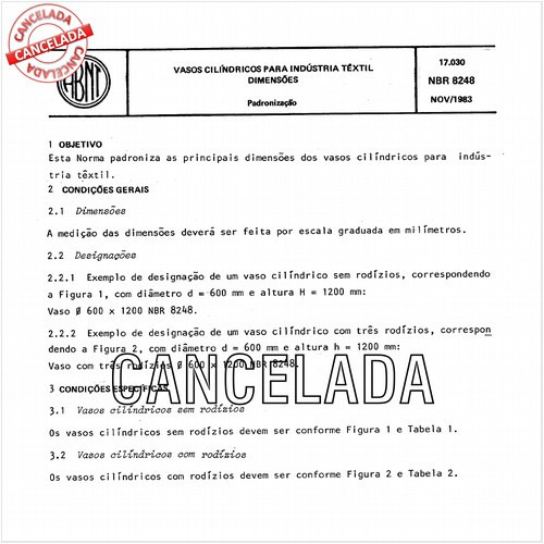 Vasos cilíndricos para indústria têxtil - Dimensões