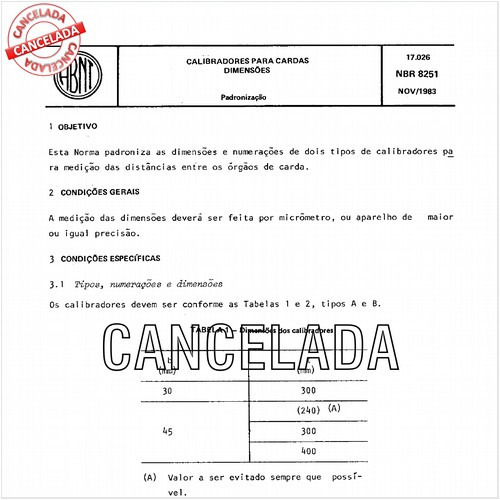 Calibradores para cardas - Dimensões