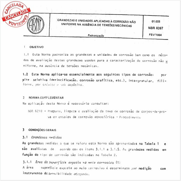 Grandezas e unidades aplicadas à corrosão não uniforme na ausência de tensões mecânicas