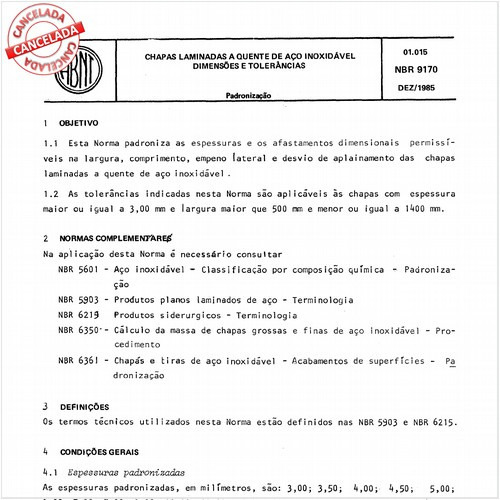 Chapas laminadas a quente de aço inoxidável - Dimensões e tolerâncias