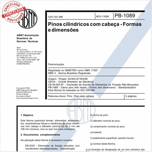 Pinos cilíndricos com cabeça - Formas e dimensões