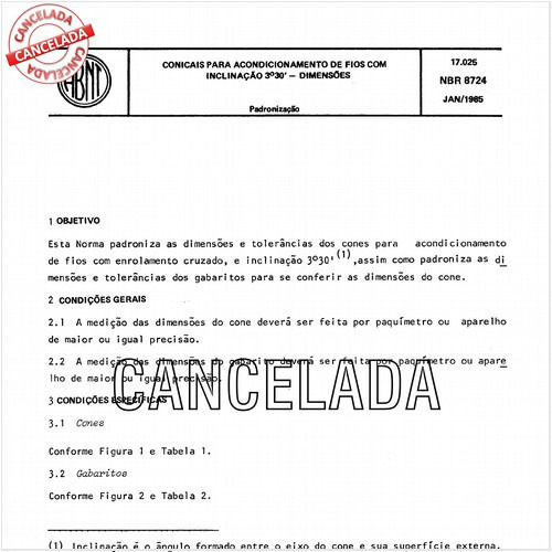 Conicais para acondicionamento de fios com inclinação 3 graus e 30 minutos - Dimensões