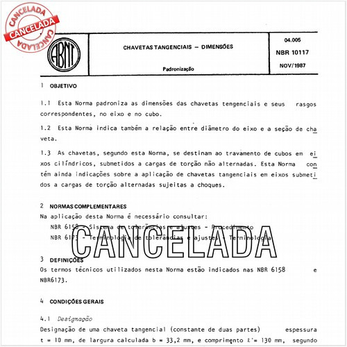 Chavetas tangenciais - Dimensões