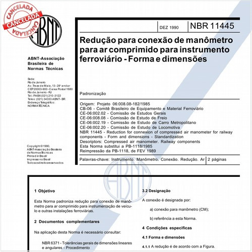 Redução para conexão de manômetro para ar comprimido para instrumento ferroviário - Forma e dimensões