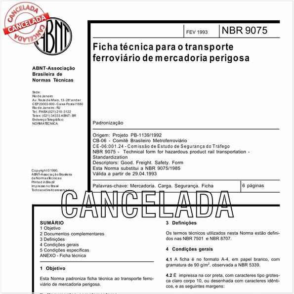 Ficha técnica para o transporte ferroviário de mercadoria perigosa