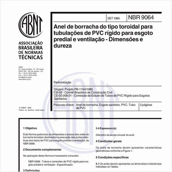 Anel de borracha do tipo toroidal para tubulação de PVC rígido para esgoto predial e ventilação - Dimensões e dureza - Padronização