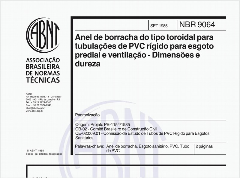 Anel de borracha do tipo toroidal para tubulação de PVC rígido para esgoto predial e ventilação - Dimensões e dureza - Padronização