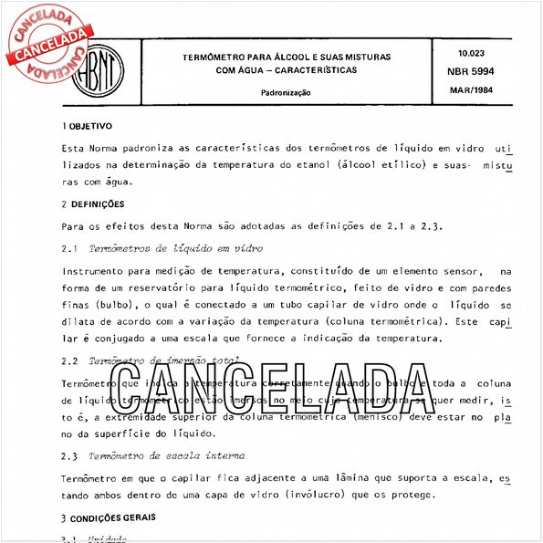 Termômetro para álcool e suas misturas com água - Características