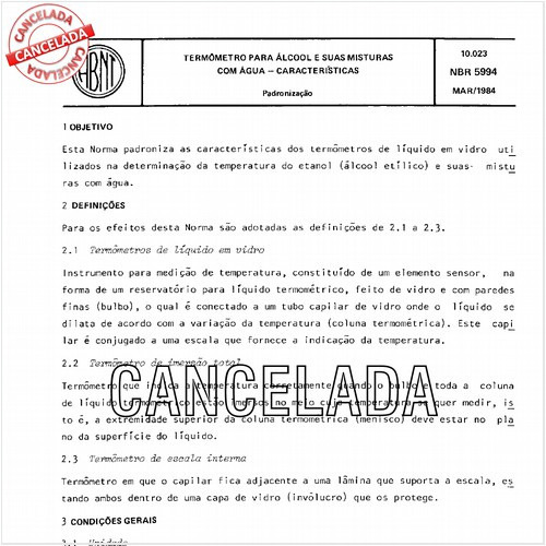 Termômetro para álcool e suas misturas com água - Características