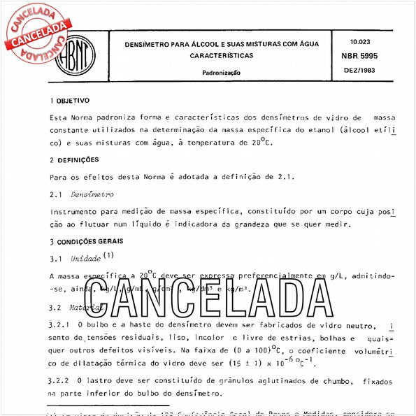 Densímetro para álcool e suas misturas com água - Características