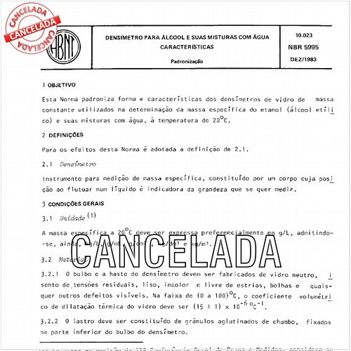 Densímetro para álcool e suas misturas com água - Características