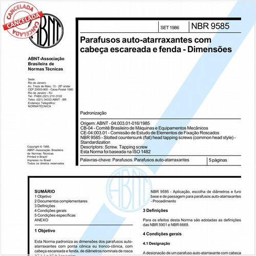 Parafusos auto-atarraxantes com cabeça escareada e fenda - Dimensões