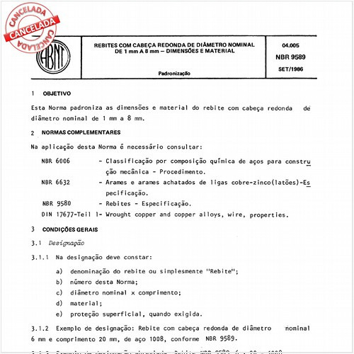 Rebites com cabeça redonda de diâmetro nominal de 1 mm a 8 mm - Dimensões e material