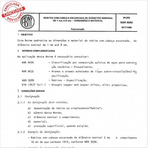 Rebites com cabeça escareada de diâmetro nominal de 1 mm a 8 mm - Dimensões e material