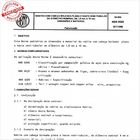 Rebites com cabeça boleada plana e haste semi-tubular de diâmetro nominal de 1,6 mm a 10 mm - Dimensões e material