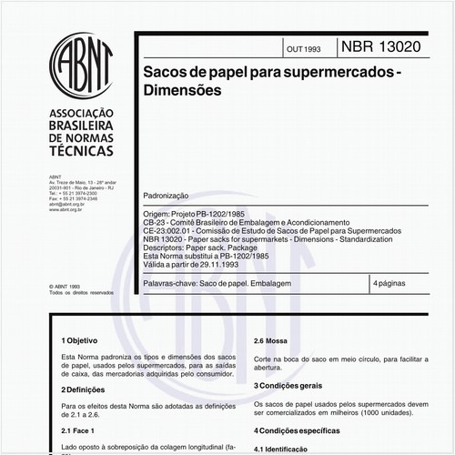 Sacos de papel para supermercados - Dimensões - Padronização