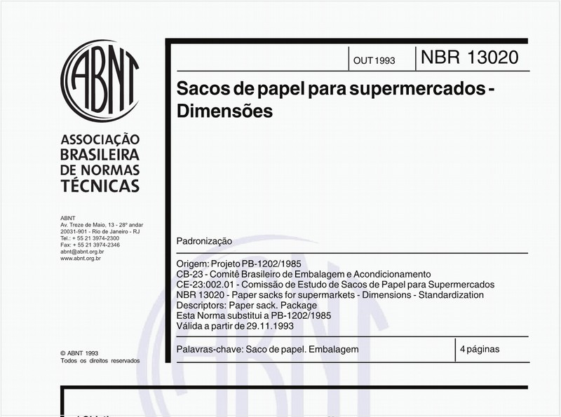 Sacos de papel para supermercados - Dimensões - Padronização