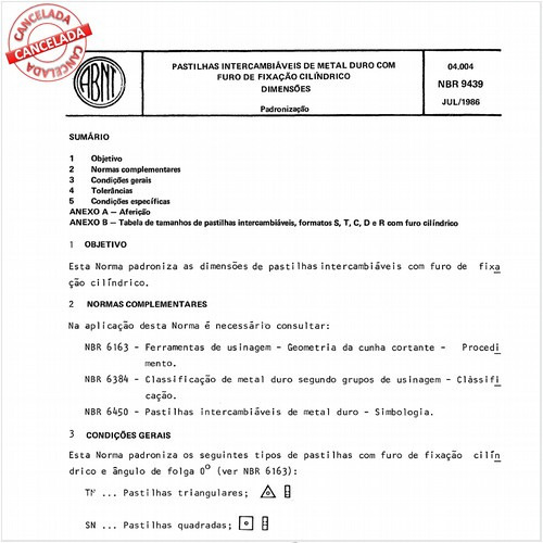 Pastilhas intercambiáveis de metal duro com furo de fixação cilíndrico - Dimensões