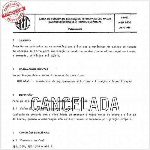Caixa de tomada de energia de terra para uso naval - Características elétricas e mecânicas
