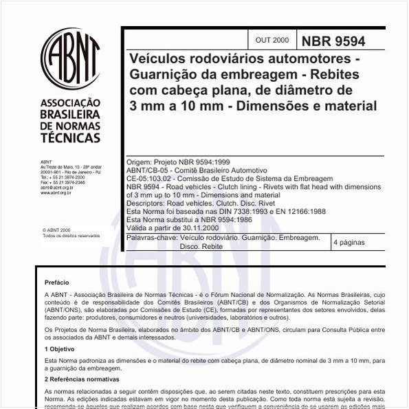 Veículos rodoviários automotores - Guarnição da embreagem - Rebites com cabeça plana, de diâmetro de 3 mm a 10 mm - Dimensões e material